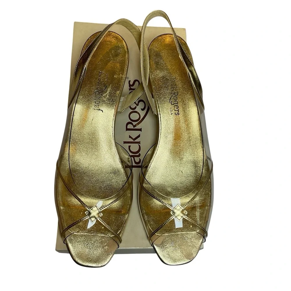 Jack Rogers Gold & Clear Vinyl Slingback Heels Style Dia-X-Lo Size 10 Vintage